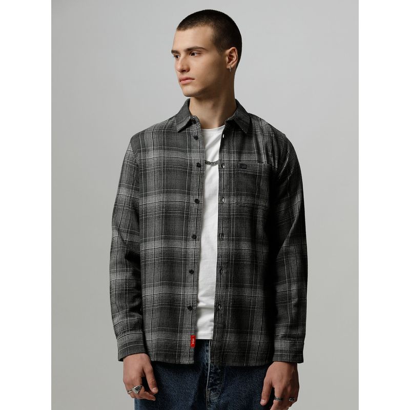 THE BEAR HOUSE Men Grey Checked Slim Fit Flannel Cotton Casual Shirt (M)