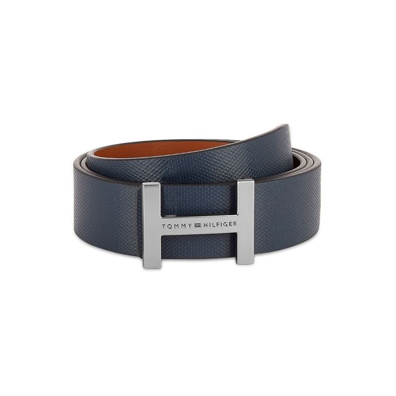 Tommy Hilfiger Geronimo Reversible Mens Leather Belt Plain Navy Blue-Tan (L)