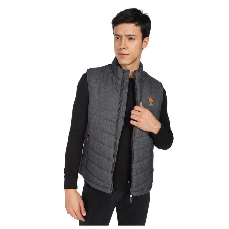 U.S. Polo Assn. Denim Co. Men Charcoal High Neck Sleeveless Solid Padded Jacket (XL)