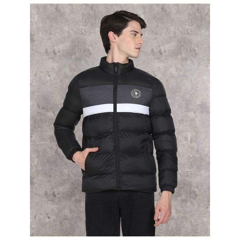U.S. Polo Assn. Denim Co. Men Black High Neck Colour Block Puffer Jacket (2XL)