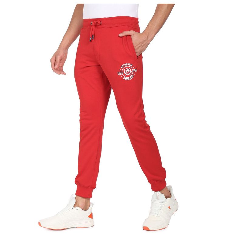 U.S. Polo Assn. Denim Co. Men Red Mid Rise Elasticised Waist Brand Print Joggers (S)