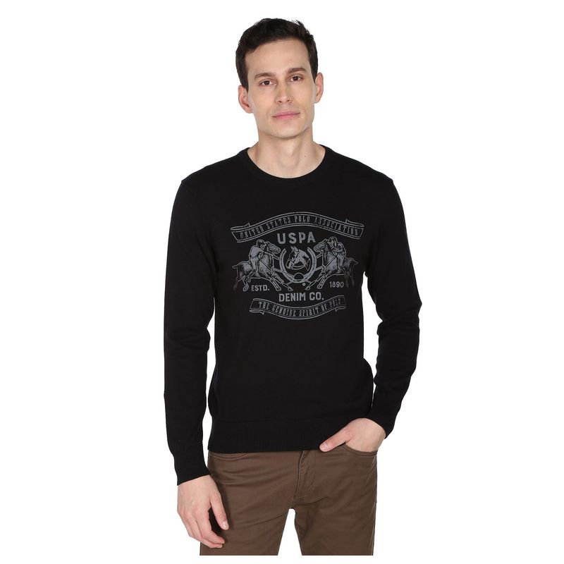 U.S. POLO ASSN. Men Black Crew Neck Graphic Print Cotton Sweater (3XL)