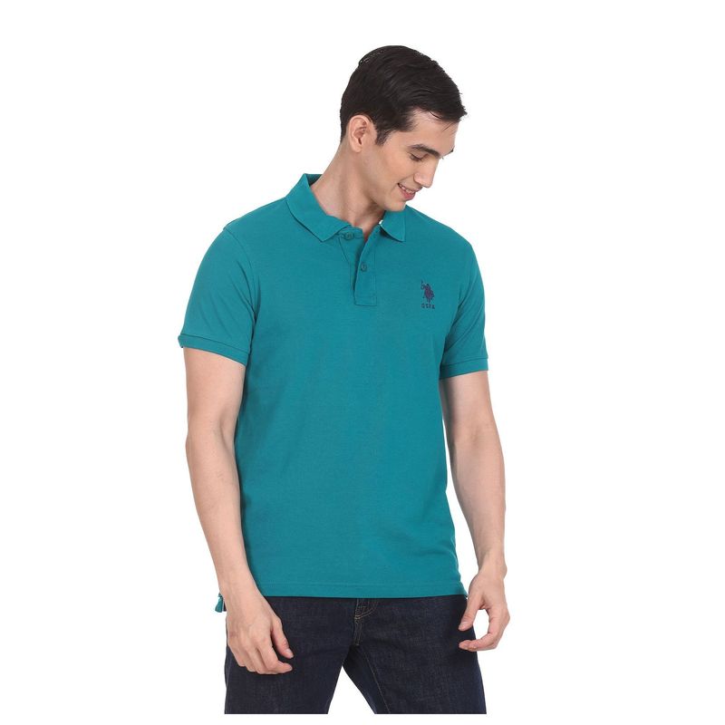 U.S. POLO ASSN. Men Teal Solid Cotton Pique Polo T-Shirt (S)