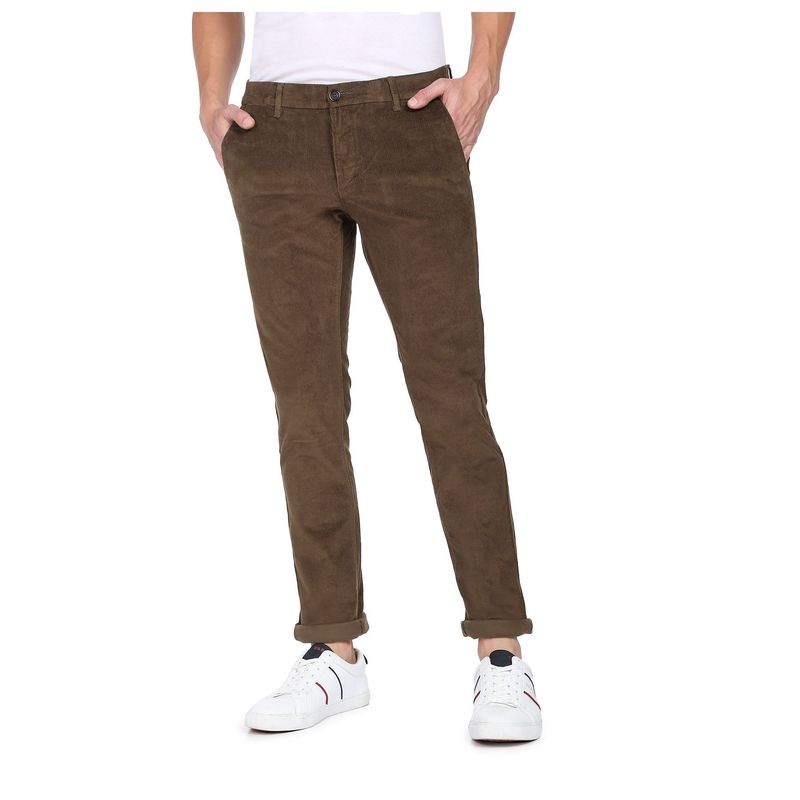 U.S. POLO ASSN. Men Brown Corduroy Weave Denver Slim Fit Casual Trousers (42)