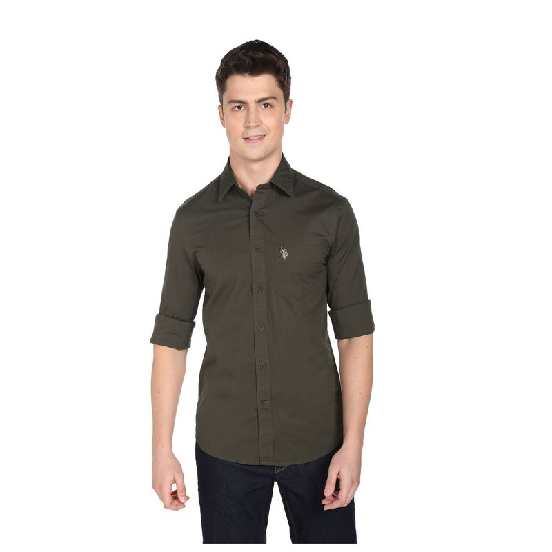 U.S. POLO ASSN. Men Dark Olive Slim Fit Solid Casual Shirt (L)