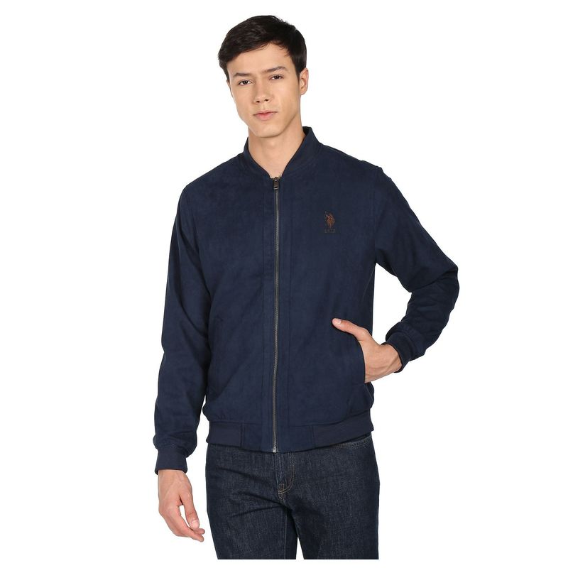 U.S. POLO ASSN. Men Navy Stand Collar Solid Suede Jacket (2XL)