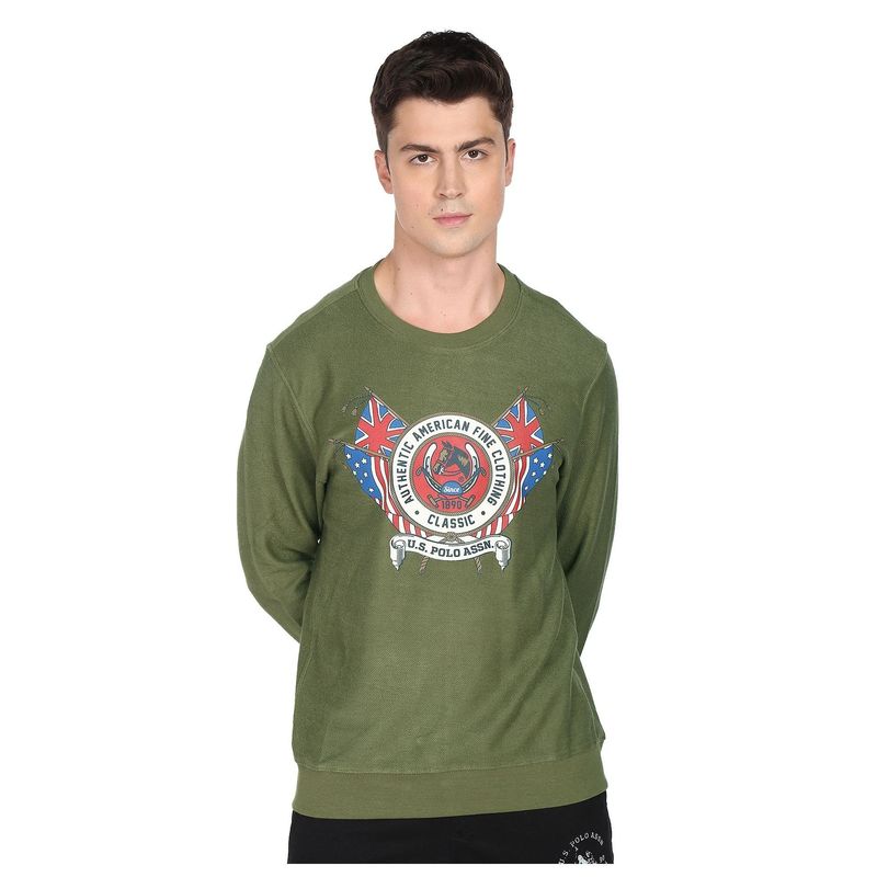 U.S. POLO ASSN. Men Olive Crew Neck Graphic Print Cotton Sweatshirt (L)