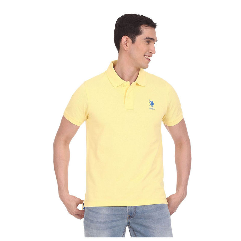 U.S. POLO ASSN. Men Yellow Embroidered Logo Solid Polo Shirt (M)