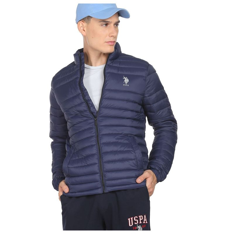 U.S. POLO ASSN. Men Navy Blue Solid High Neck Quilted Jacket (M)
