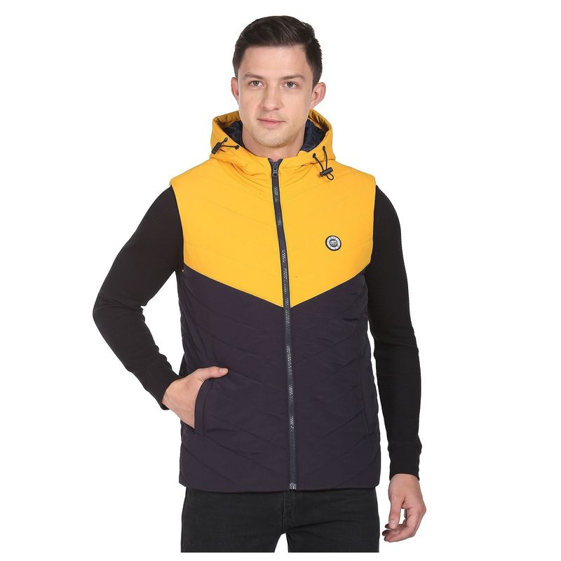 U.S. POLO ASSN. Men Blue Colour Block Polyester Hooded Jacket (M)