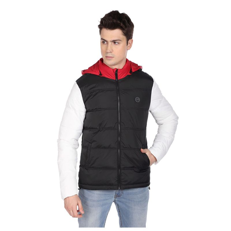 U.S. POLO ASSN. Men Black And White High Neck Colour Block Puffer Jacket (L)