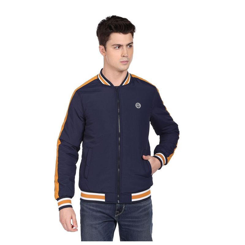 U.S. POLO ASSN. Men Navy Blue Stand Collar Solid Bomber Jacket (XL)