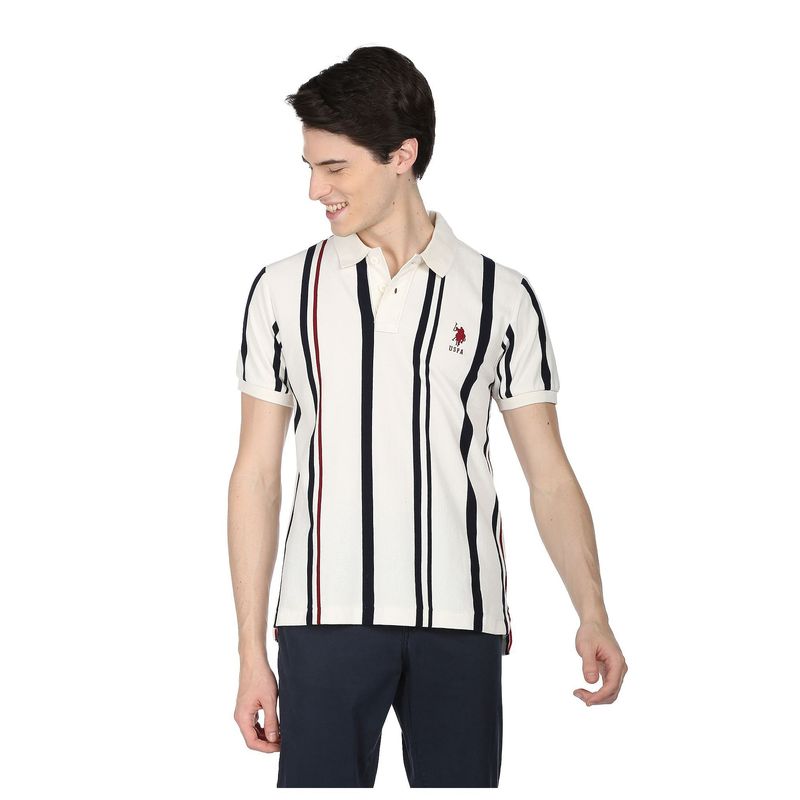 U.S. POLO ASSN. Men Off White Cotton Vertical Stripe Polo Shirt (3XL)