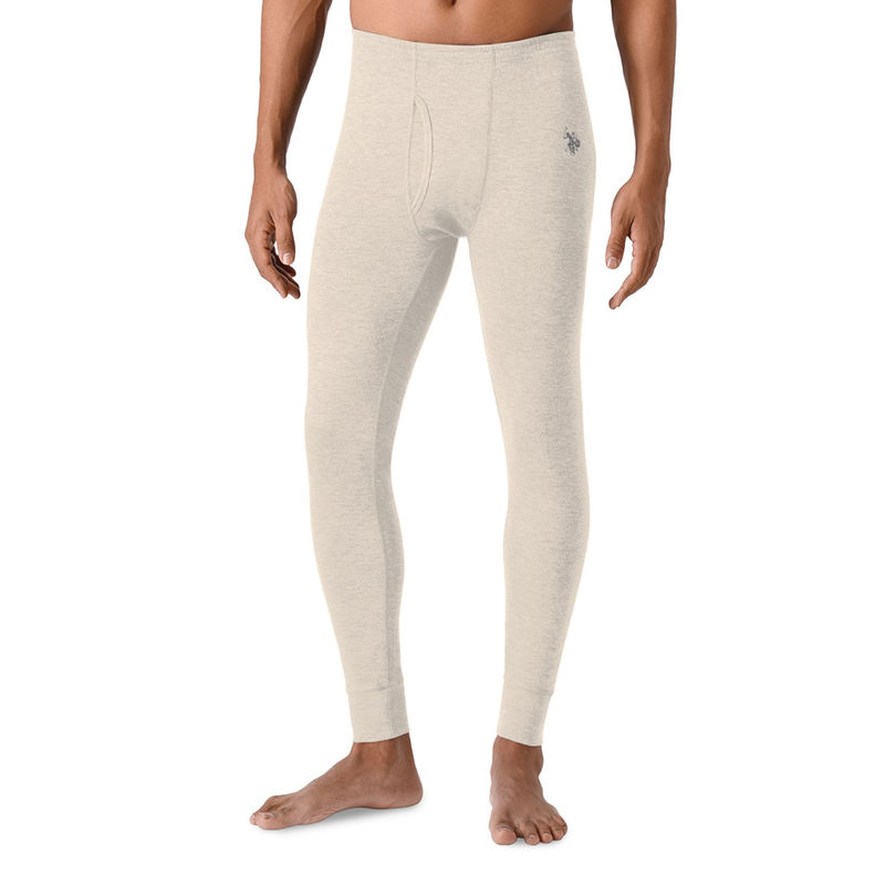 U.S. POLO ASSN. Men Ecru Grey I756 Mid Rise Snug Fit Heathered Thermal Pants (L)