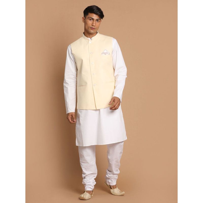 Vastramay Mens Cream and White Pure Cotton Jacket - Kurta and Pyjama (Set of 3) (S)