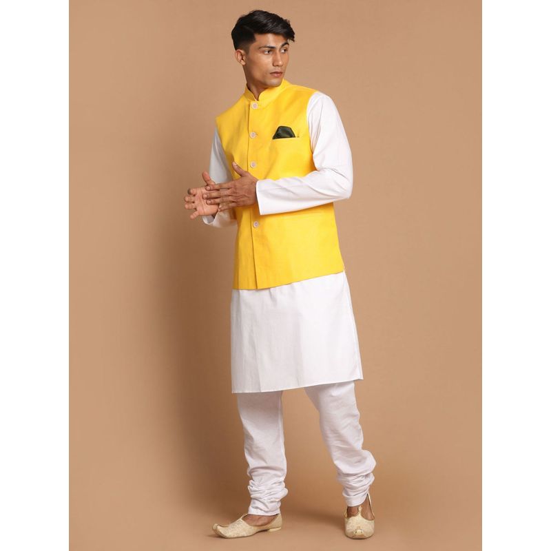 Vastramay Mens Yellow and White Pure Cotton Jacket - Kurta and Pyjama (Set of 3) (S)