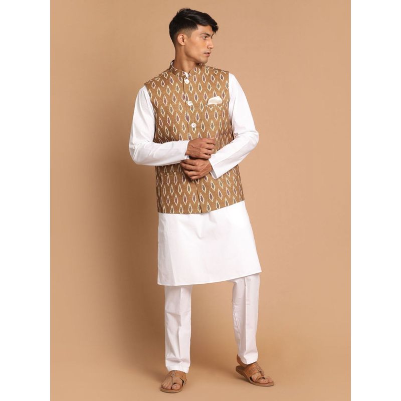 Vastramay Mens Green and White Pure Cotton Jacket - Kurta and Pyjama (Set of 3) (S)