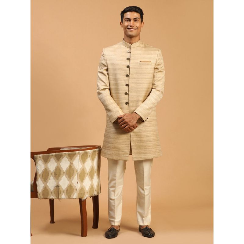 Vastramay Men Beige Silk Blend Sherwani (Set of 2) (M)