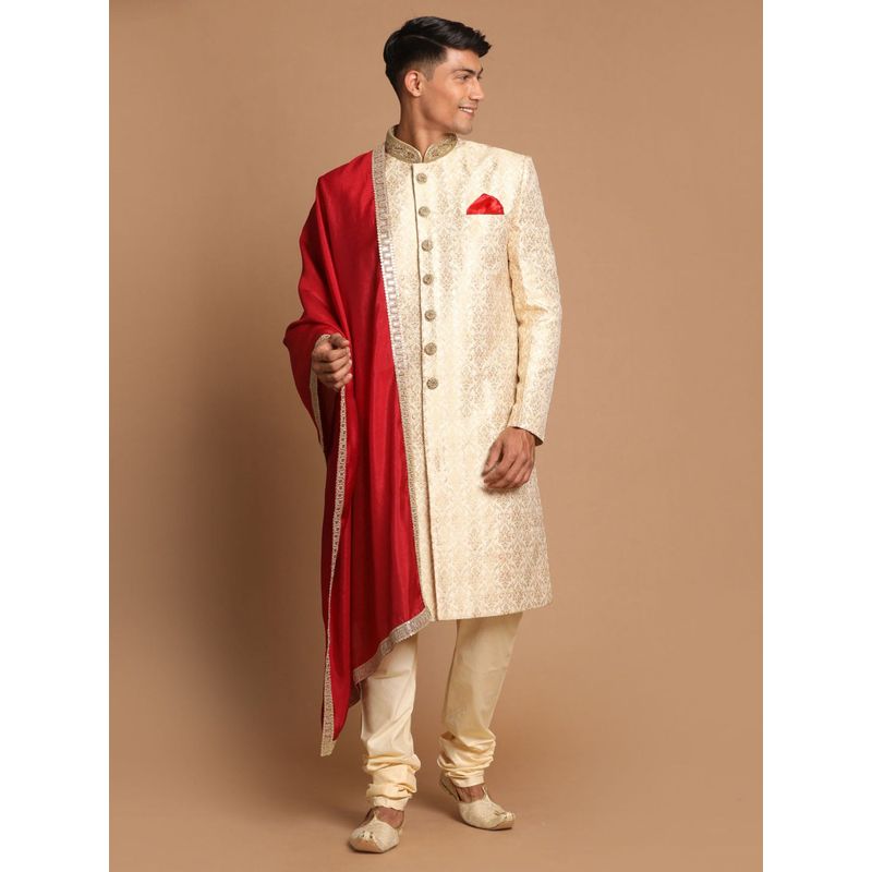 Vastramay Men Beige and Gold Silk Blend Sherwani (Set of 3) (XL)