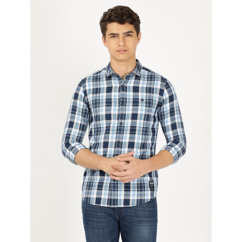 Wrangler Men Checked Blue Shirt (Slim) (S)