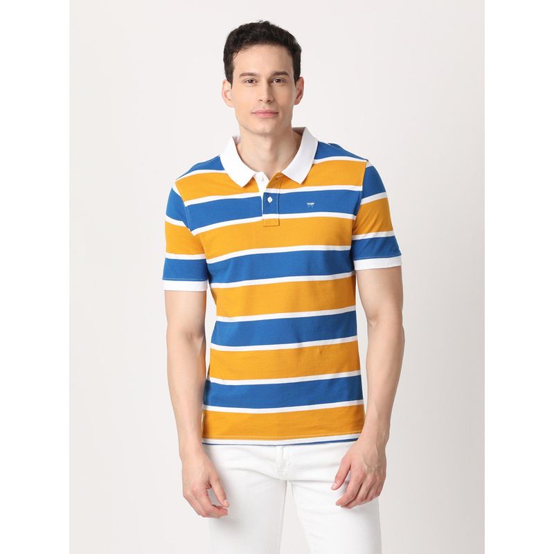 Wrangler Men Yellow Striped Regular Polo T-Shirt (S)