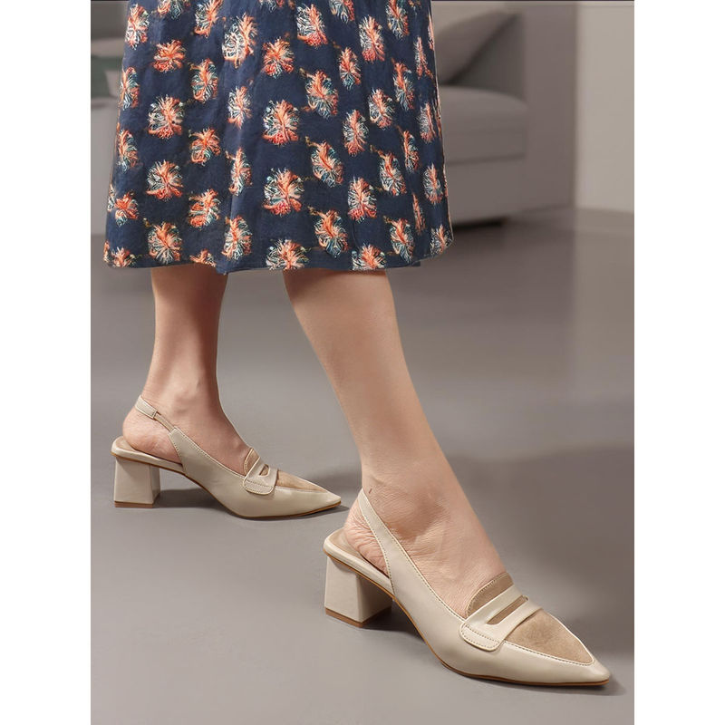 Carlton London Cream Solid Backstrap Women Party Wear Heeled Mules (EURO 40)