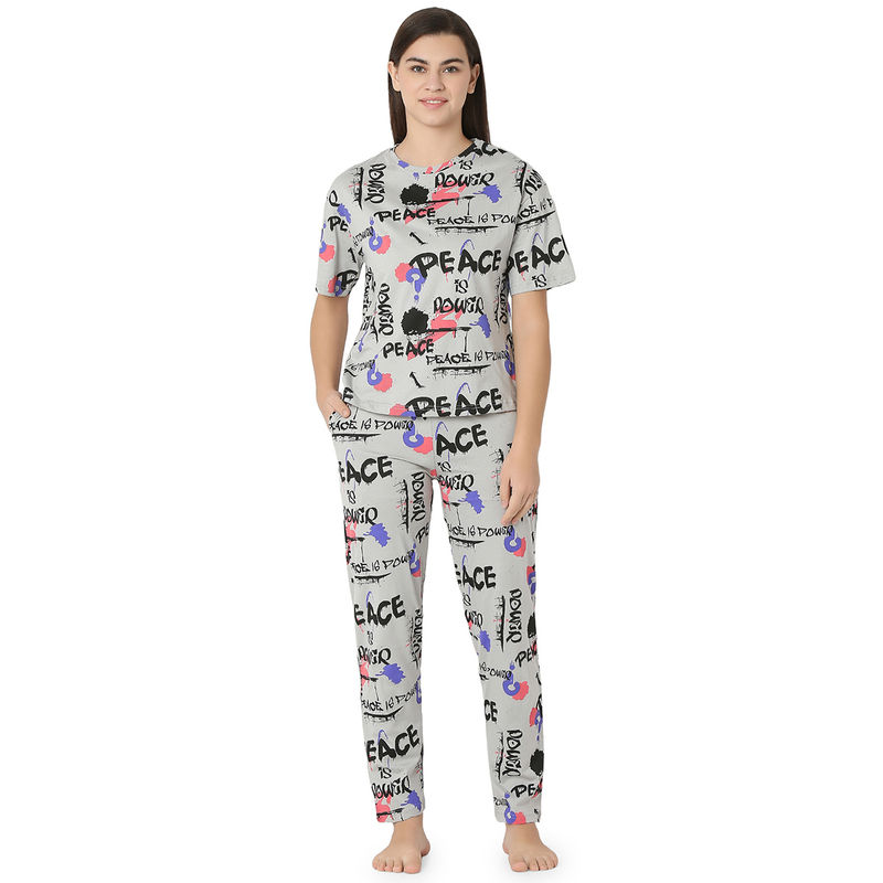 Juliet Womens's Grey Cotton Printed Night Suit T-shirts and Pajama Set (Set of 2) (2XL)