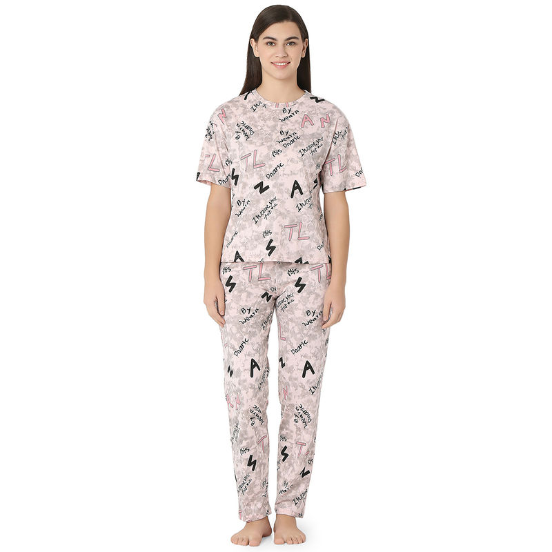 Juliet Womens's Peach Cotton Printed Night Suit T-shirts and Pajama Set (Set of 2) (L)