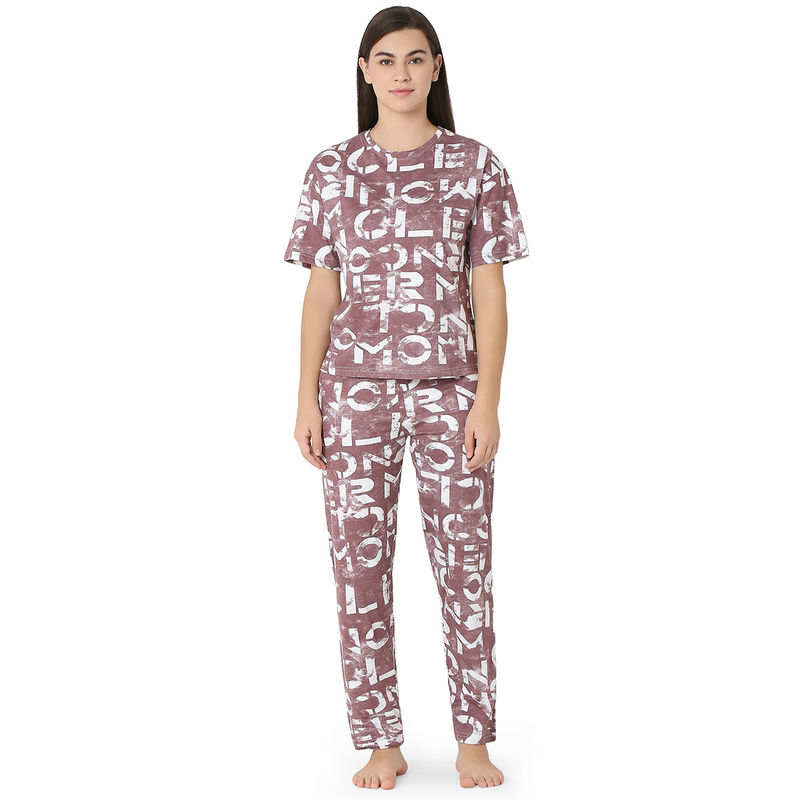 Juliet Womens's Brown Cotton Printed Night Suit T-shirts and Pajama Set (Set of 2) (S)