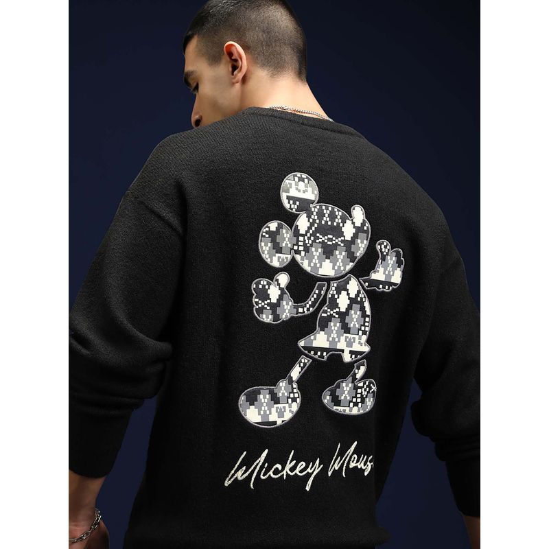 HIGHLANDER Men Mickey Mouse Jet Black Round Neck Sweater (L)