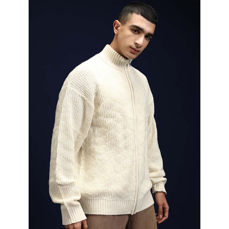 HIGHLANDER Men Off White Cable Knit High Neck Zipper Sweater (L)
