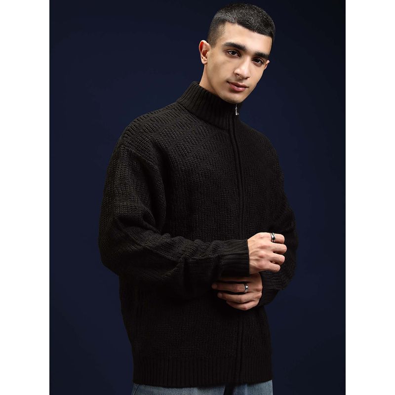 HIGHLANDER Men Jet Black Cable Knit High Neck Zipper Sweater (M)