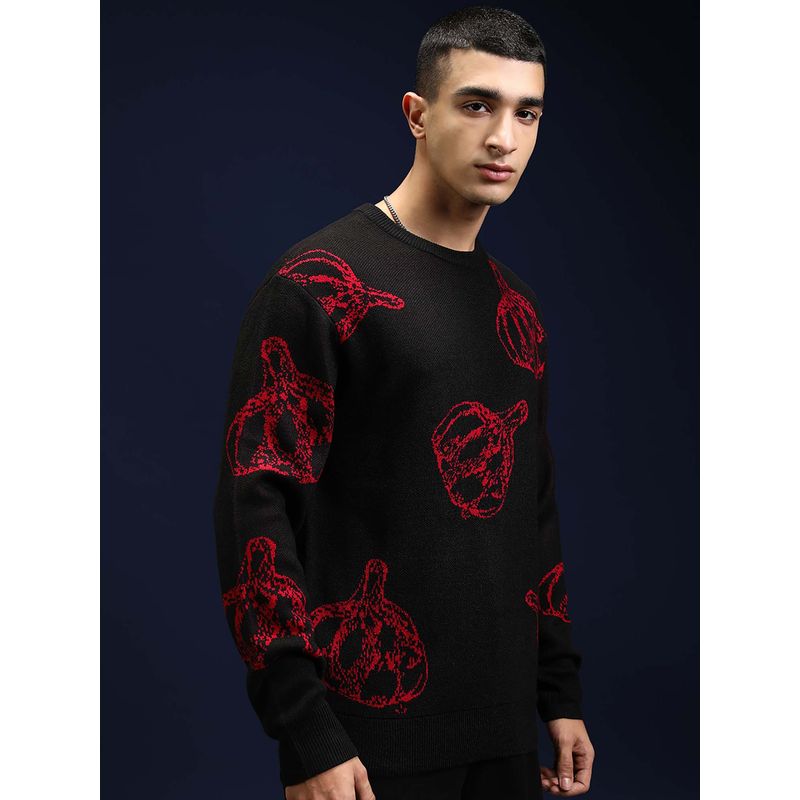 HIGHLANDER Men Jet Black and Urban Red Round Neck Sweater (XL)