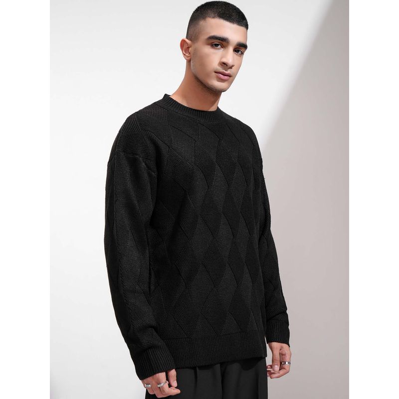 HIGHLANDER Men Jet Black Self Design Round Neck Sweater (M)