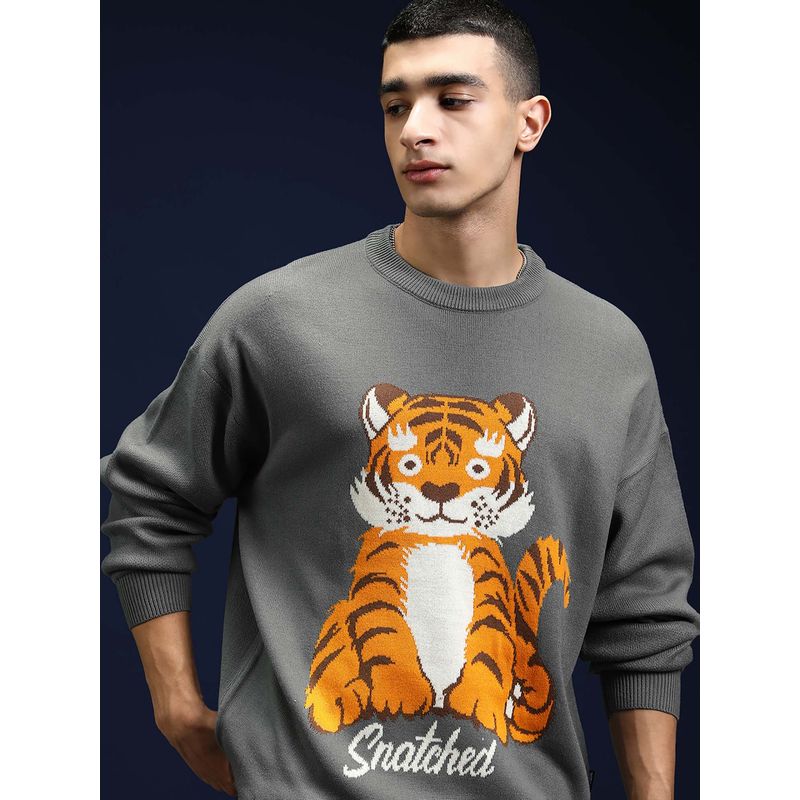 HIGHLANDER Men Grey Round Neck Drop Shoulder Oversized Sweater (L)
