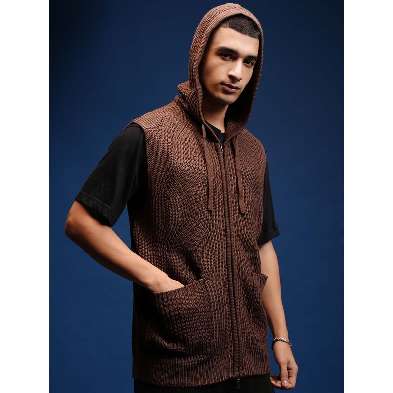 HIGHLANDER Men Pinecone Sleeveless Self Design Hooded Sweater (L)