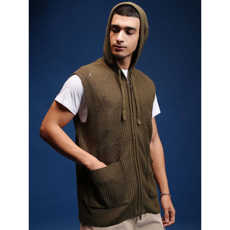 HIGHLANDER Men Green Sleeveless Self Design Hooded Sweater (L)