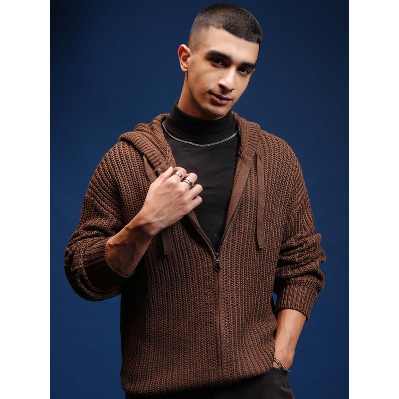 HIGHLANDER Men Brown Self Design Zip Closure Hooded Sweater (L)