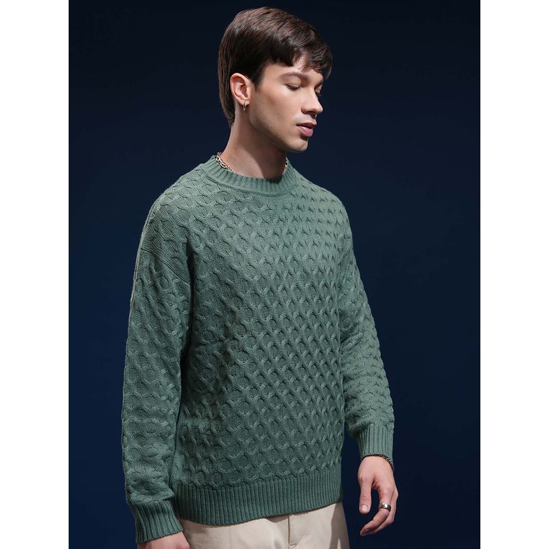 HIGHLANDER Men Green Oversized Round Neck Full Sleeve Drop Shoulder Sweater (L)
