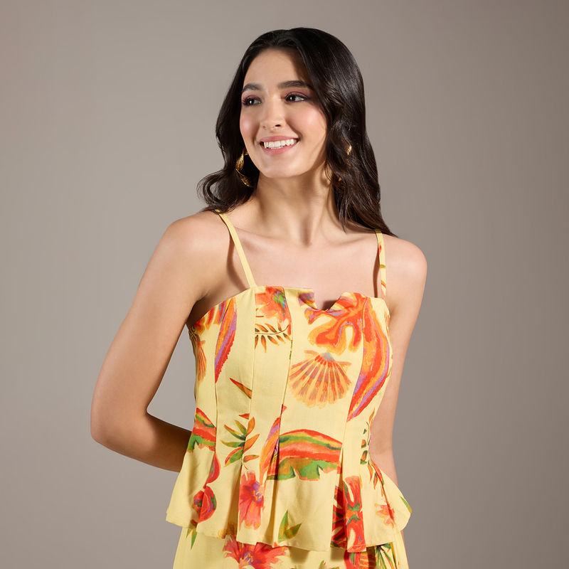 Twenty Dresses by Nykaa Fashion Yellow Floral Strappy Neck Peplum Top (2XL)