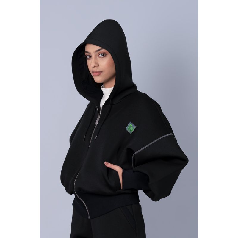 Muvazo Women Black Donning Dusk Jacket With Hoodie (XL)