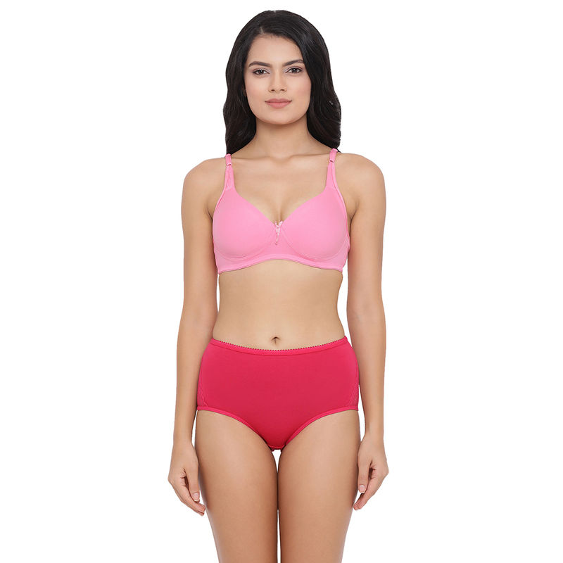 Clovia Cotton Rich Non-Padded Non-Wired T-Shirt Bra & High Waist Hipster Panty - Pink (36C)