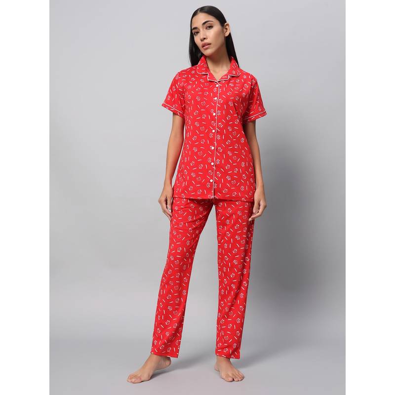 SEPHANI Red Printed Shirt with Pajama (S)