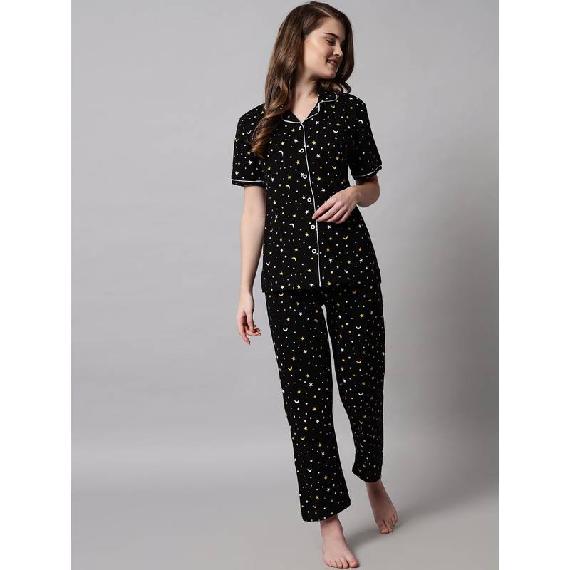 SEPHANI Black Printed Shirt with Pajama (S)