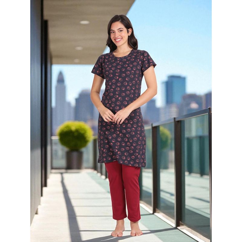 Kryptic Navy Blue Women's Cotton Printed T-Shirt and Pajama (M)