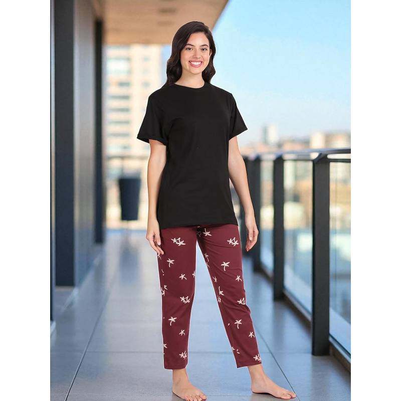 Kryptic Black Women's Cotton Printed T-Shirt and Pajama (S)