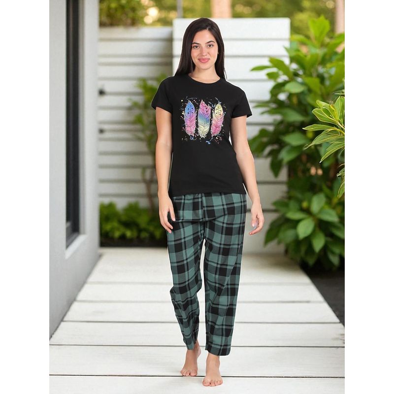 Kryptic Black Women's Cotton Printed T-Shirt and Pajama (L)