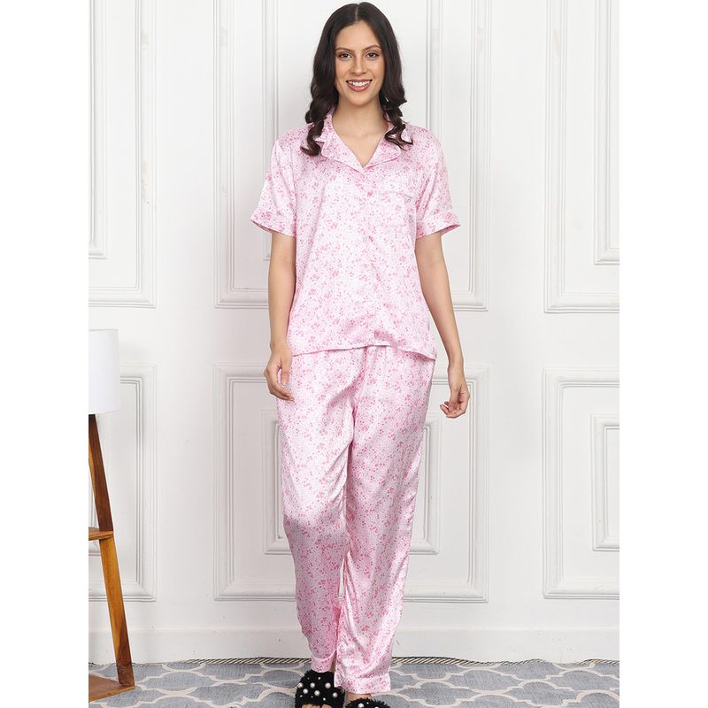 Slumber Jill Floral Blush Button Down Shirt with Pajama (S)