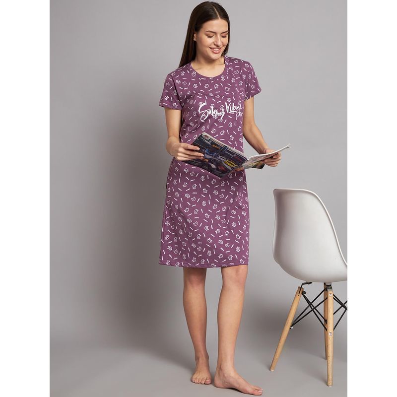 SEPHANI Purple Printed Night Dress (S)