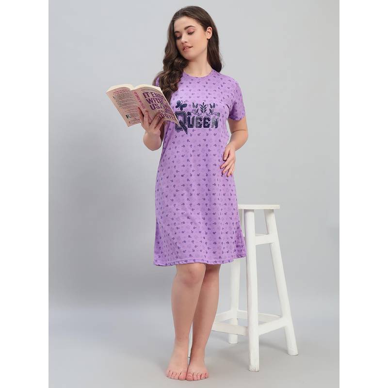 SEPHANI Purple Floral Printed Night Dress (XL)
